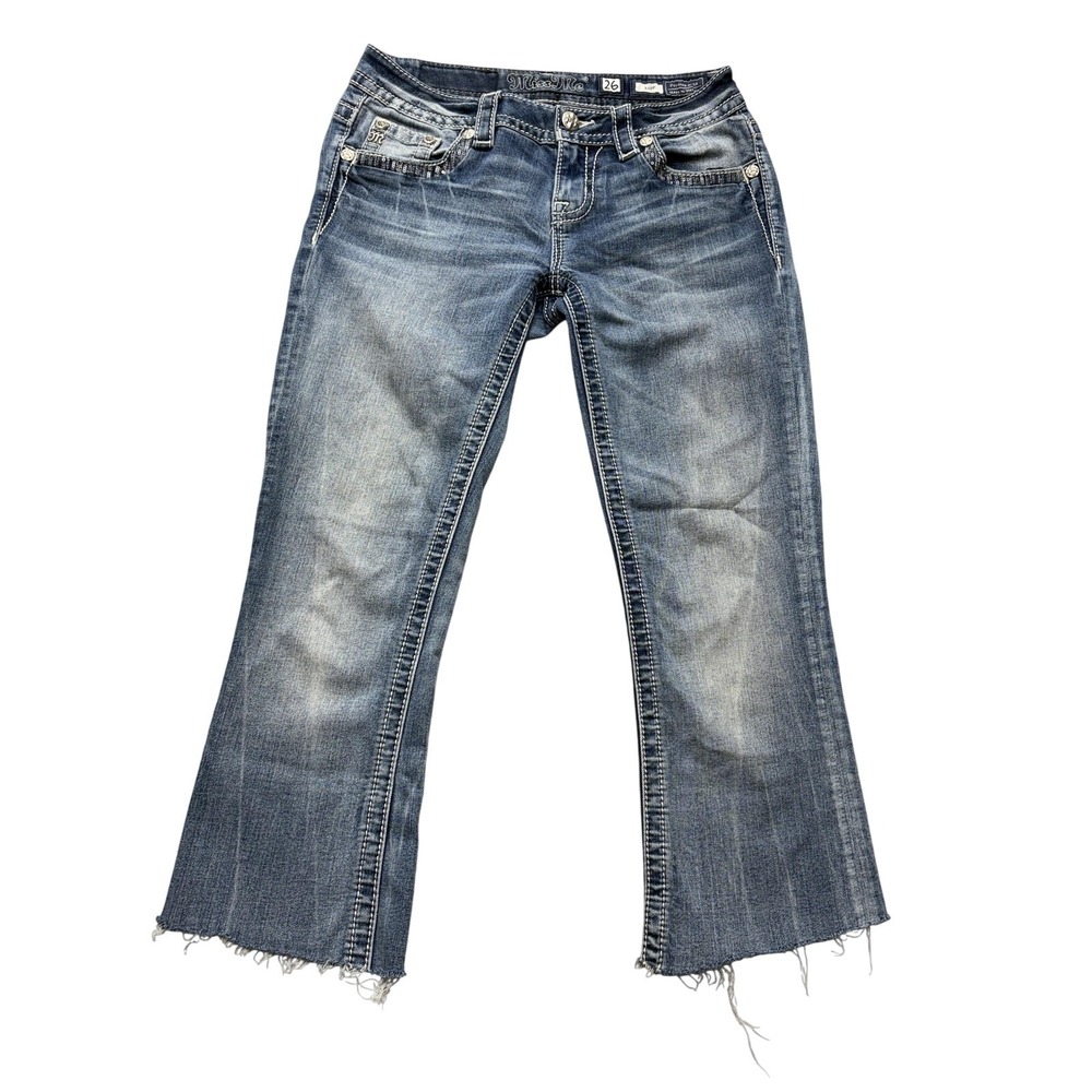 Miss Me Jeans Womens 26x21.5 Blue Slim Bootcut Raw Hem Embellished MP7864B
